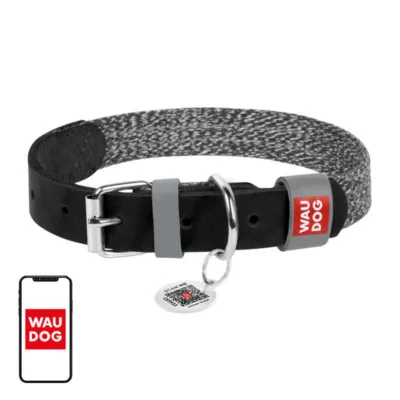 Väikese koera kaelarihm QR-koodiga, naturaalne nahk ja taaskasutatud puuvill, Waudog S, 15 mm, must
