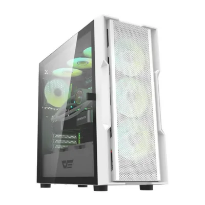 Valge Big Tower arvutikorpus Darkflash DK431, karastatud klaasiga, 4 ARGB ventilaatorit