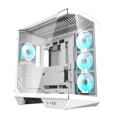 Valge arvutikorpus Darkflash DY470, 4 DM8 ventilaatorit, ATX/Micro ATX/ITX, klaaspaneelid