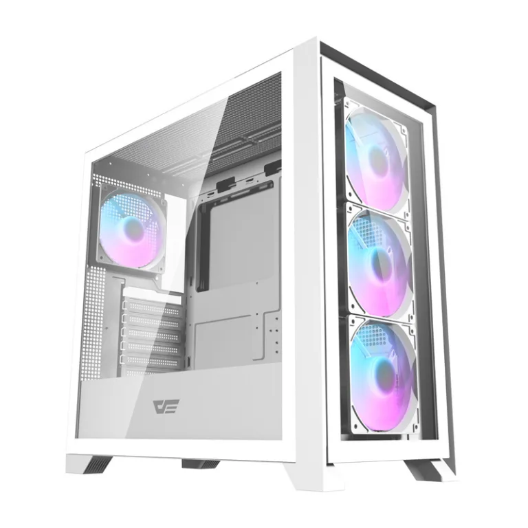 Valge arvutikorpus karastatud klaasiga Darkflash DRX90 (ATX, 4 RGB ventilaatorit)