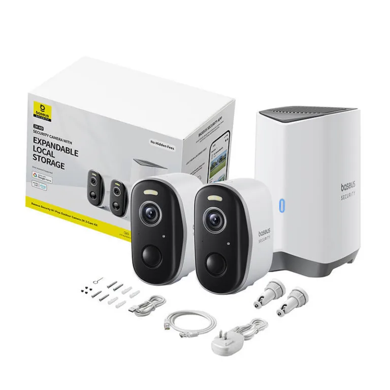 Välisvalvekaamera komplekt Baseus N1 Plus, juhtmevaba 2K (2 tk, 270 päeva aku, Wi-Fi, valge)