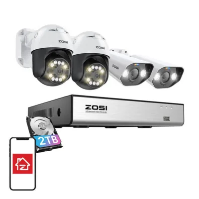 ZOSI 4-kaameraga IP-turvakaamera komplekt WiFi (2×5MP C296, 2×8MP C182, NVR 8 kanalit, 2TB HDD)