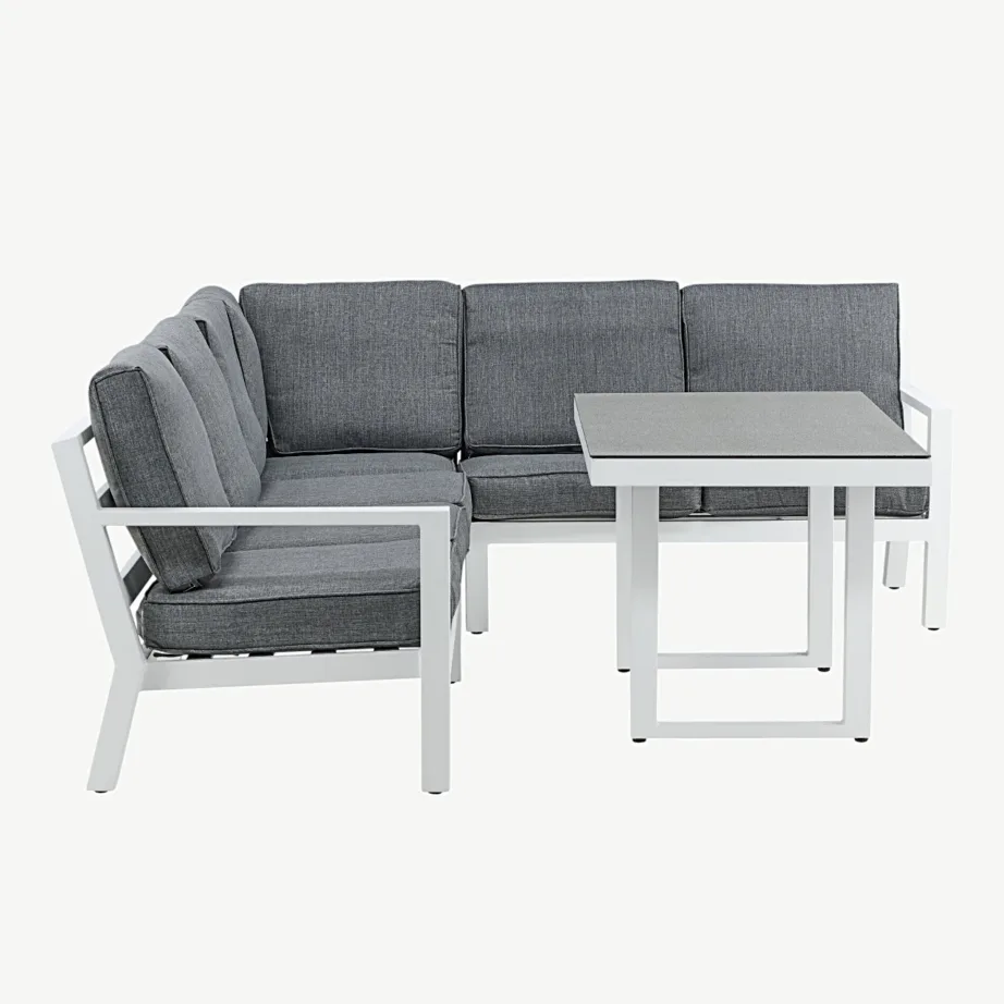 Barcelona nurgadiivanikomplekt aiakasutuseks – valge alumiiniumraam, hallid padjad, spraystone lauaplaadiga, 1029-400 – 2