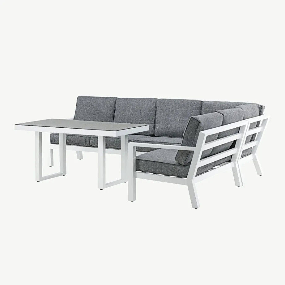 Barcelona nurgadiivanikomplekt aiakasutuseks – valge alumiiniumraam, hallid padjad, spraystone lauaplaadiga, 1029-400 – 6