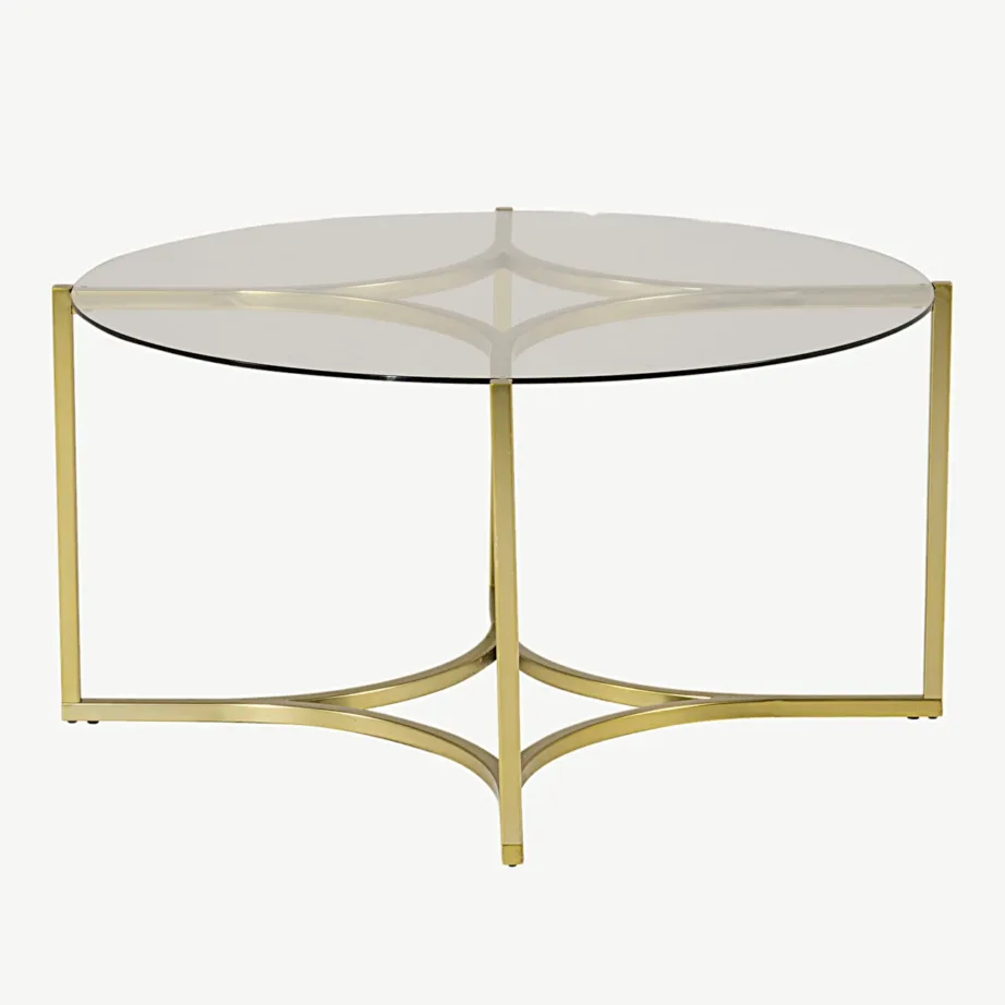 Ümmargune klaasplaadiga diivanilaud Kivik, kuldse terasraamiga (ø90 cm), 15014-568 – 2