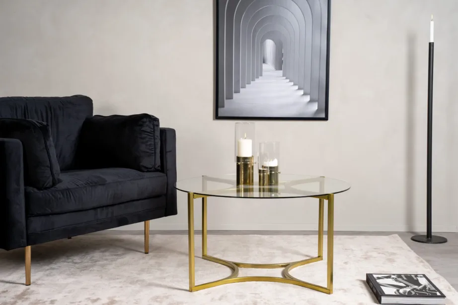 Ümmargune klaasplaadiga diivanilaud Kivik, kuldse terasraamiga (ø90 cm), 15014-568 – 5