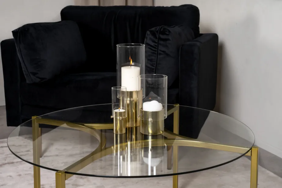 Ümmargune klaasplaadiga diivanilaud Kivik, kuldse terasraamiga (ø90 cm), 15014-568 – 6
