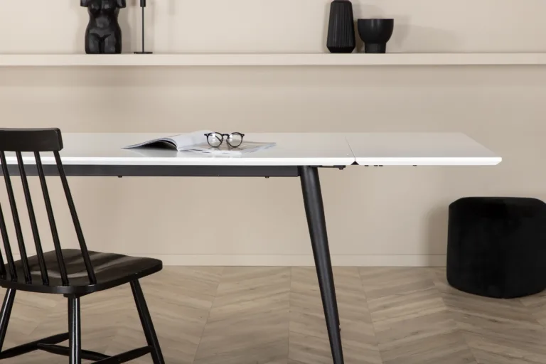 Pikendatav valge söögilaud Jimmy HPL-plaadiga ja mustade metalljalgadega, 150x90 cm - 15566-468