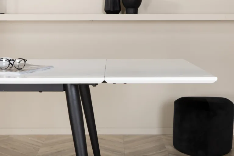 Pikendatav valge söögilaud Jimmy HPL-plaadiga ja mustade metalljalgadega, 150x90 cm - 15566-468