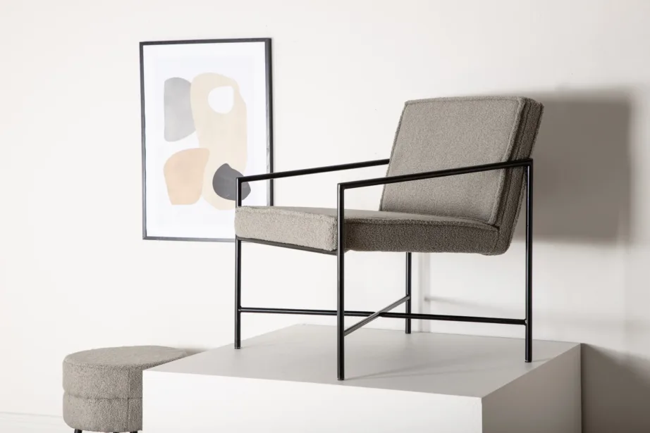 Minimalistlik hallikasbeežist bukleekangast tugitool Rakel musta metallraamiga, 15578-405 – 9