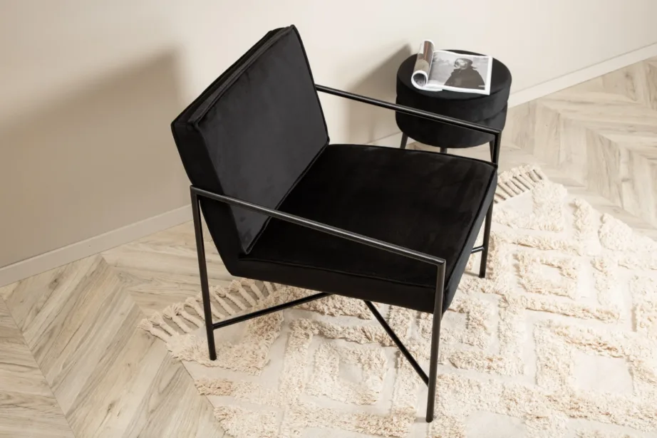 Skandinaavia stiilis musta velvetkattega tugitool terasraamil Rakel, 15578-888 – 11