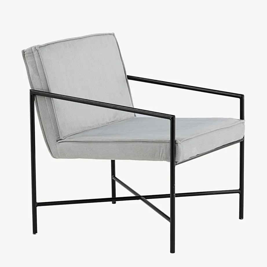 Hall bukleepolsterdusega tugitool Rakel mustal metallraamil, 15578-995 – 3