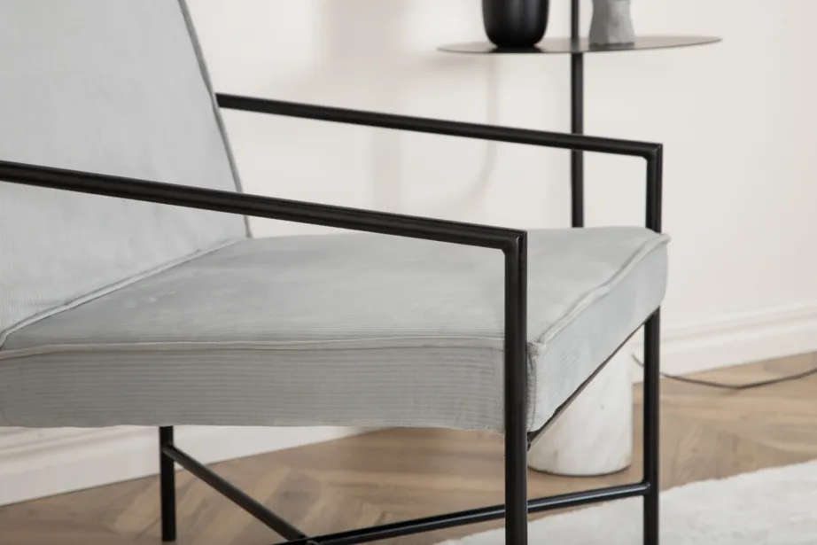 Hall bukleepolsterdusega tugitool Rakel mustal metallraamil, 15578-995 – 9