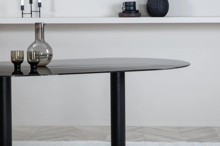 Pillan ovaalne söögilaud musta marmormustriga klaasplaadiga, 180x100 cm - 15590-588