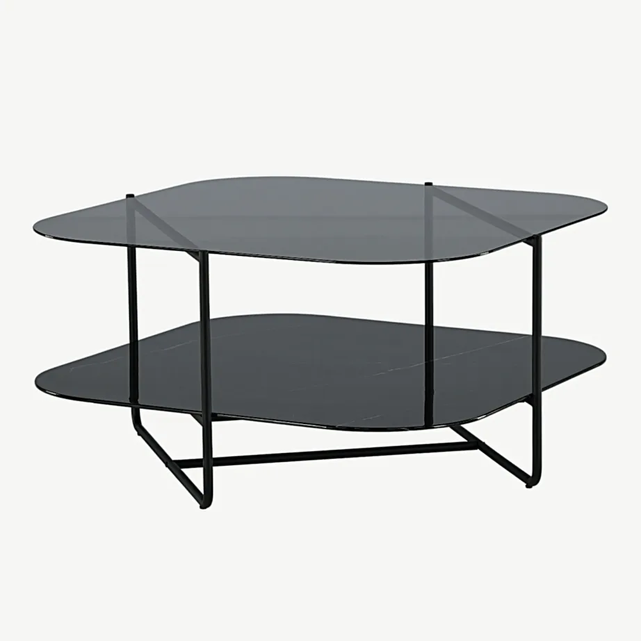 UN-Line diivanilaud musta raamiga, suitsumustast klaasist lauapind ja musta marmorglasiga alumine riiul, 15598-408 – 2