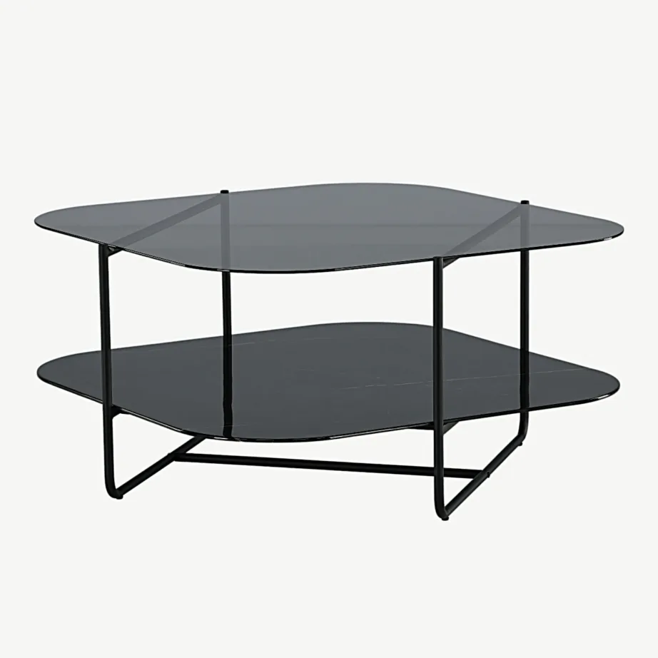 UN-Line diivanilaud musta raamiga, suitsumustast klaasist lauapind ja musta marmorglasiga alumine riiul, 15598-408 – 3