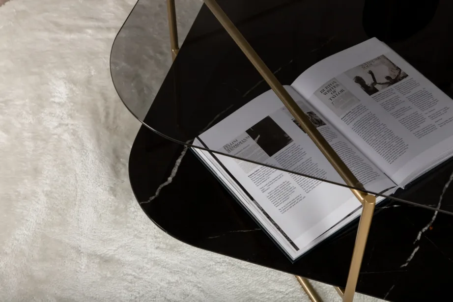 Un-line diivanilaud musta klaasiga, kuldse raamiga (85 × 85 cm), 15598-458 – 10