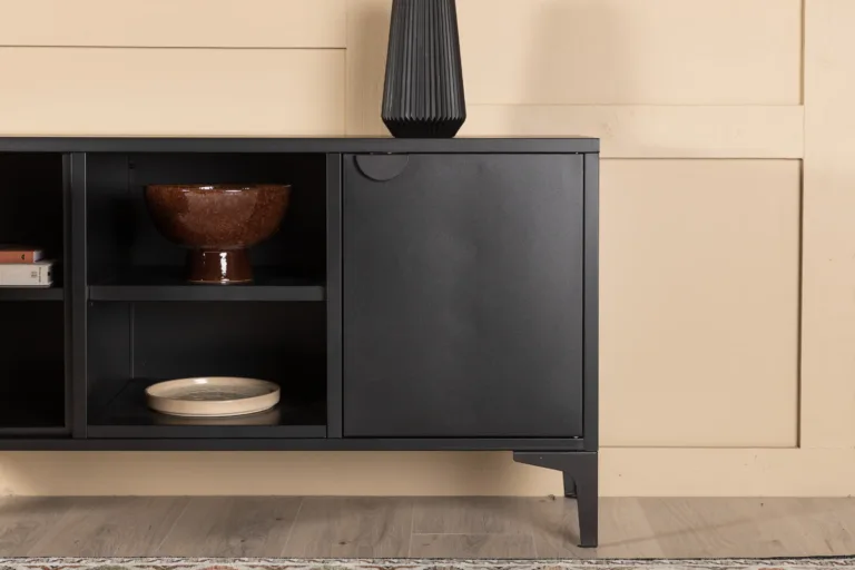 Mustast terasest TV-alus Piring (120 × 63 cm), avatud ja suletud panipaikadega - 15618-208