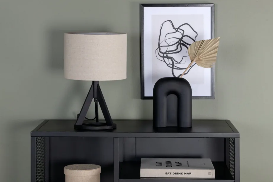 Kolmjalgne laualamp Kona – must alus ja beež linakangast kuppel, 15668-480 – 8