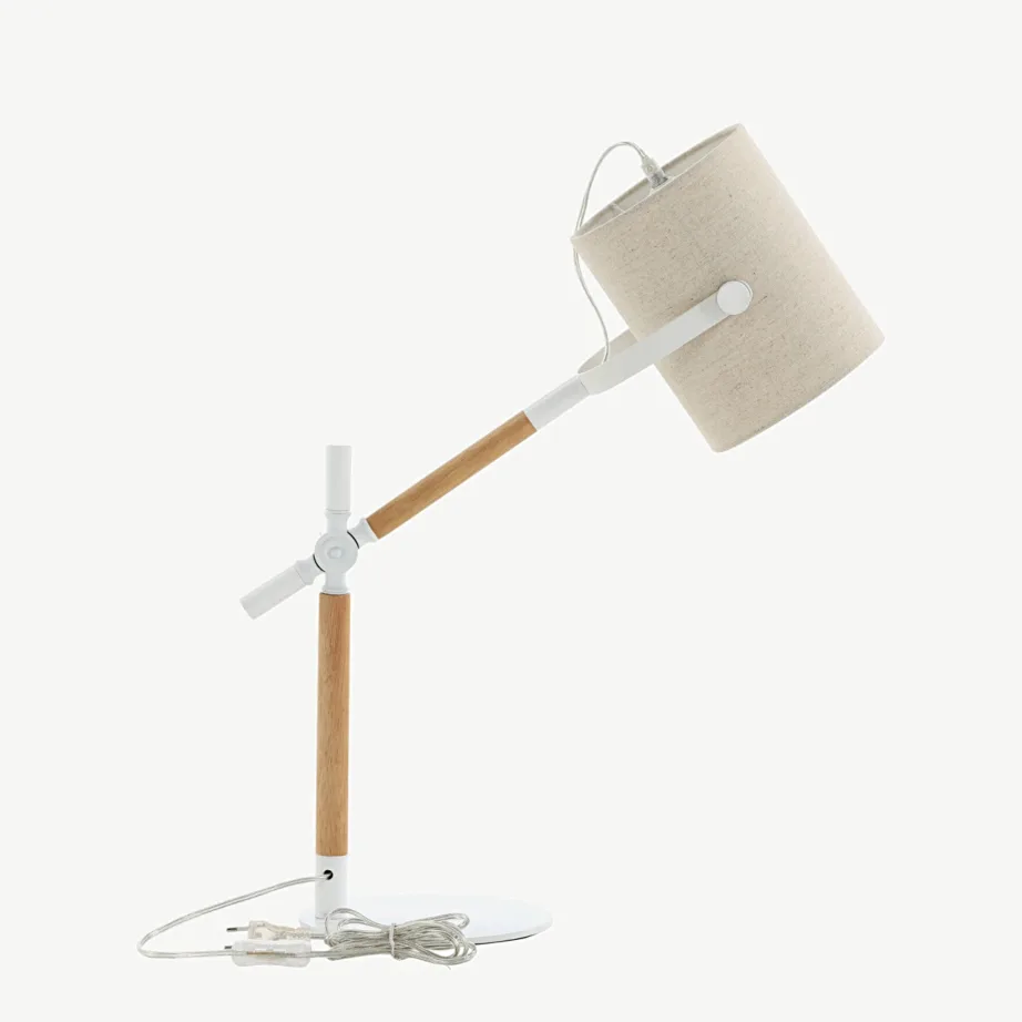 Reguleeritav laualamp Dennis valgest terasest, puidust ja beežist linases varjus, 15670-400 – 3