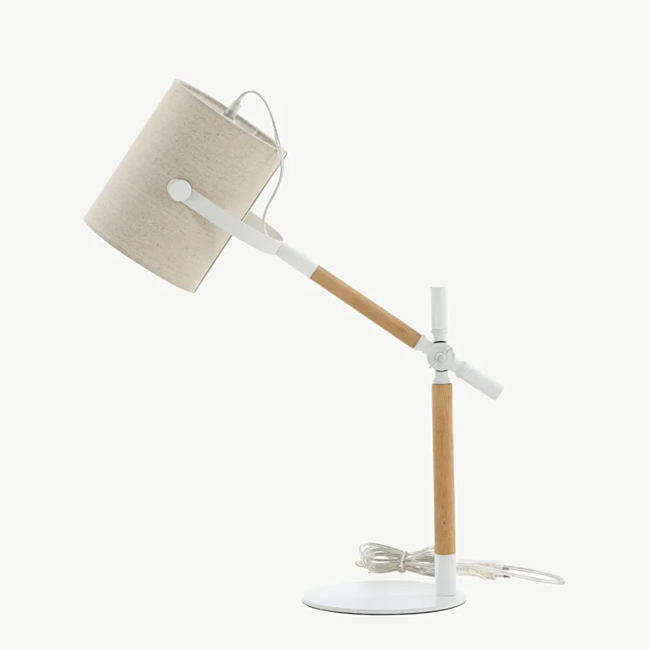 Reguleeritav laualamp Dennis valgest terasest, puidust ja beežist linases varjus, 15670-400 – 7