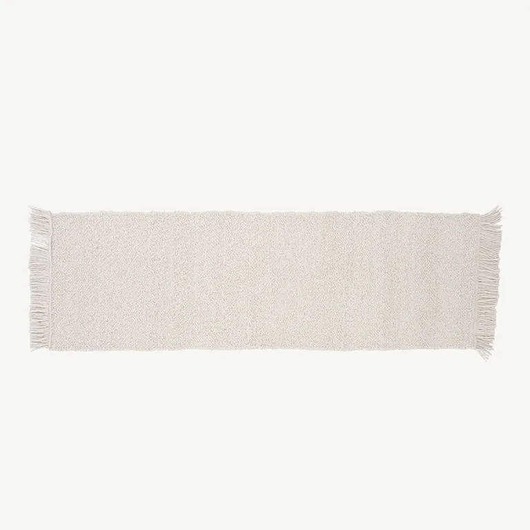 Käsitsi kootud valge villavaip Betina narmastega, 250 × 80 cm - 15682-120