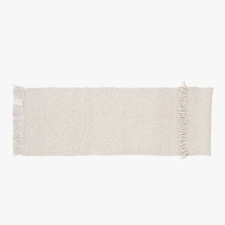 Käsitsi kootud valge villavaip Betina narmastega, 250 × 80 cm - 15682-120