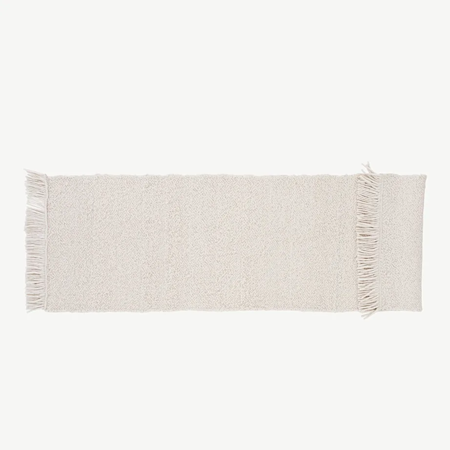 Käsitsi kootud valge villavaip Betina narmastega, 250 × 80 cm, 15682-120