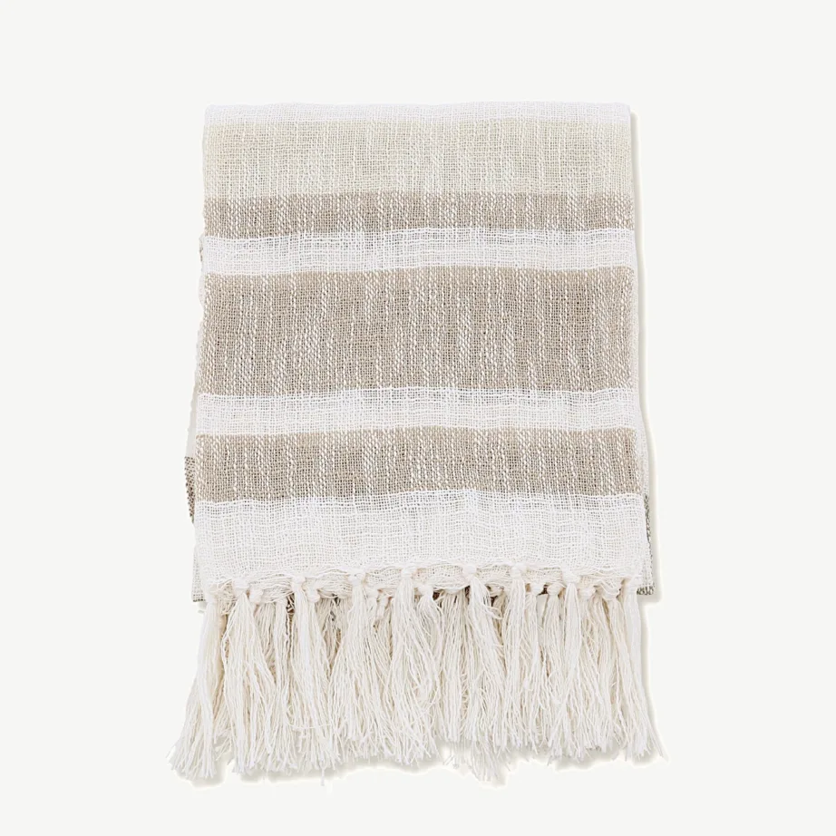 Beež-valge triibuline polüesterpleed Sandy narmastega (130 × 170 cm), 15948-212 – 2