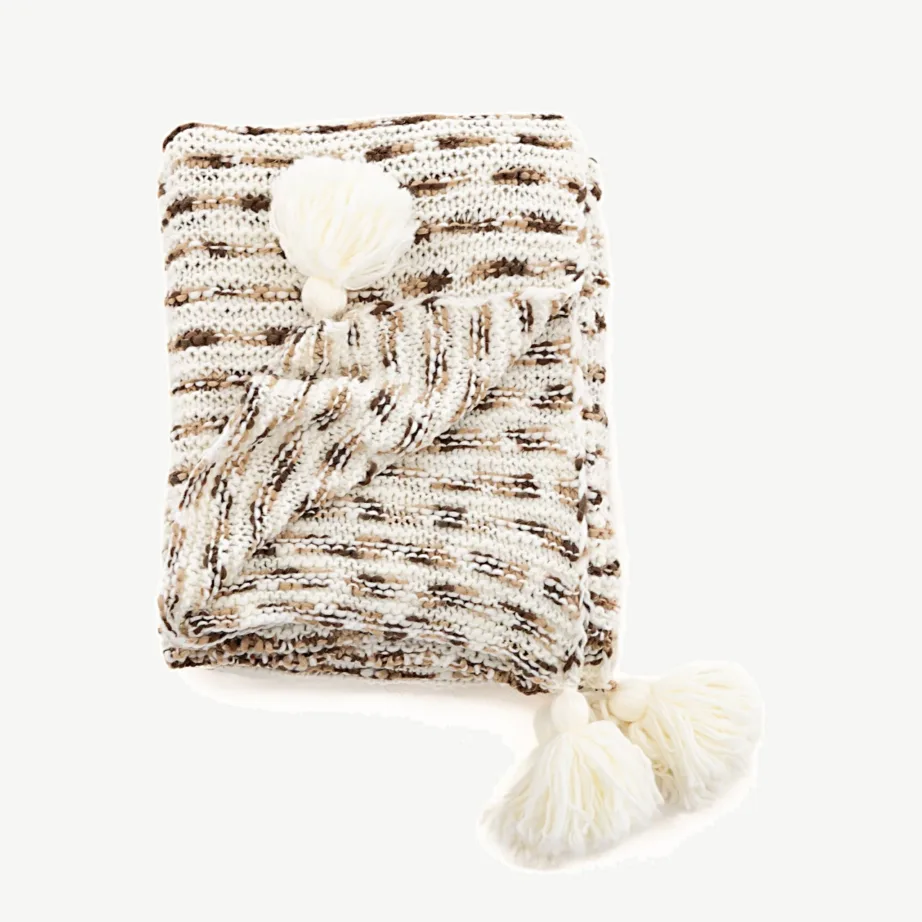 Pruun-valge kootud akrüülpleed Unny, dekoratiivsete tuttidega, 130 × 170 cm, 15949-214 – 3