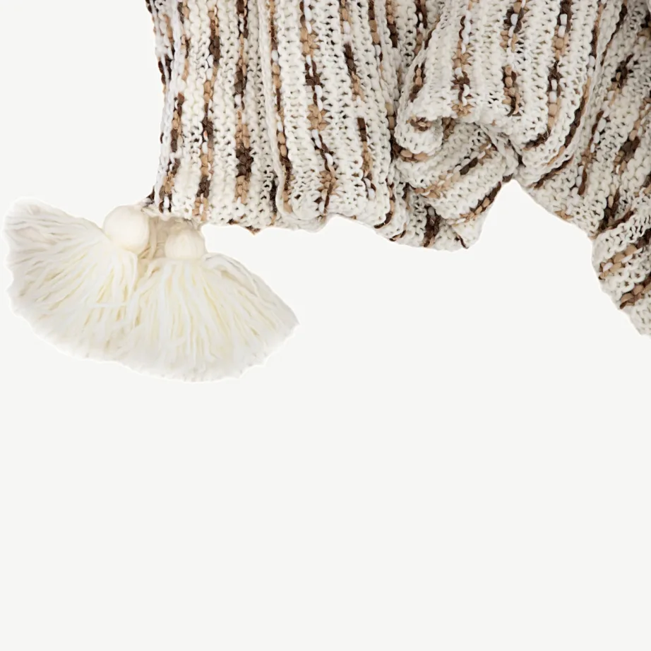 Pruun-valge kootud akrüülpleed Unny, dekoratiivsete tuttidega, 130 × 170 cm, 15949-214 – 5