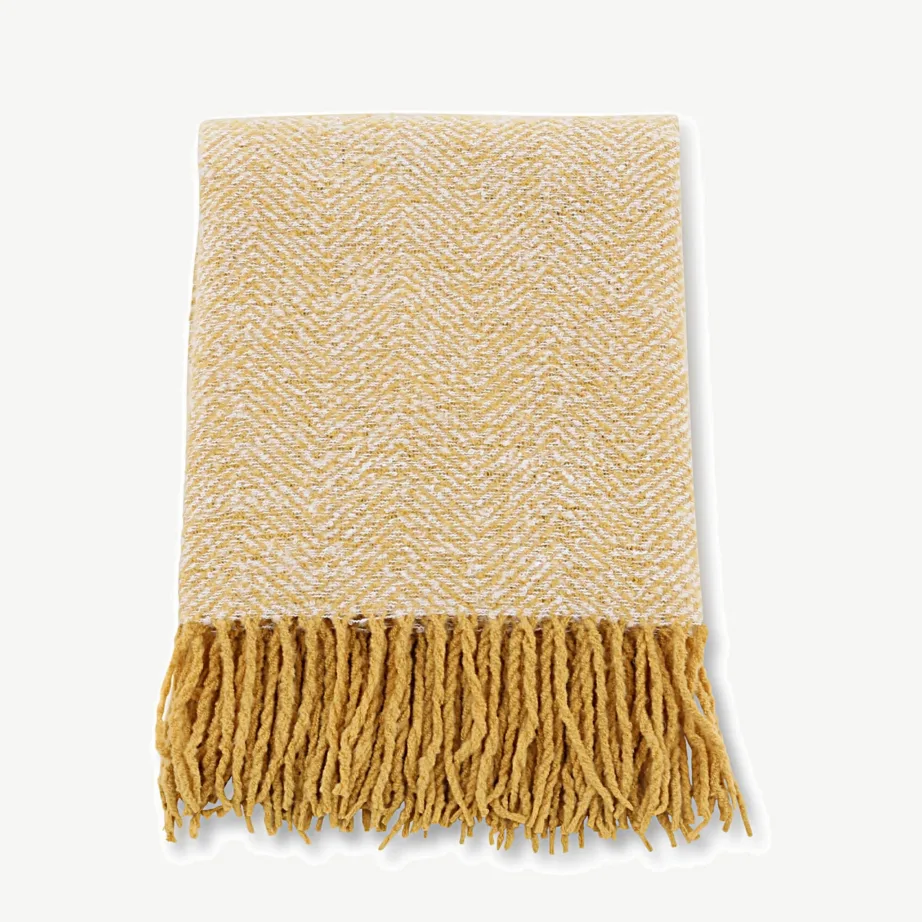 Kollase-valge kalasabamustriga polüesterpleed Toby, 130 × 170 cm, 15951-216 – 2