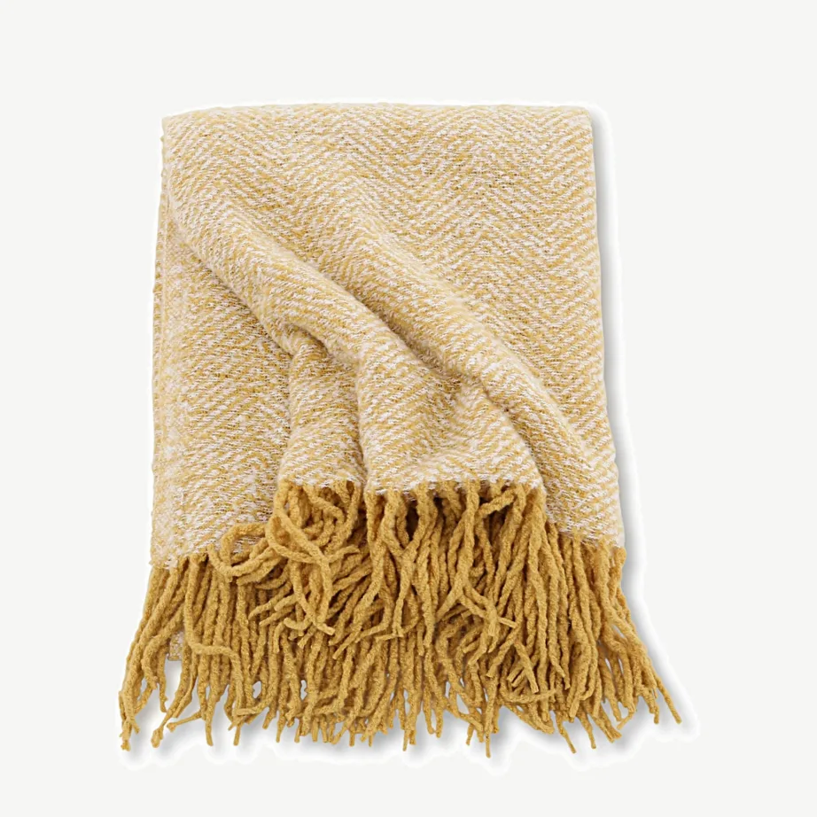 Kollase-valge kalasabamustriga polüesterpleed Toby, 130 × 170 cm, 15951-216 – 3