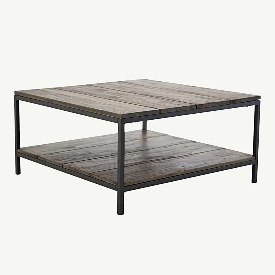 Tiigipuust ja terasraamiga diivanilaud Padang 80×80 cm, alumise riiuliga, 18010-680