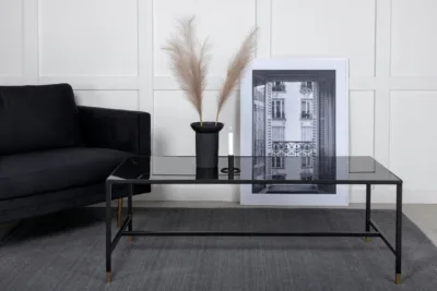 Mustrilise klaasplaadiga musta viimistlusega diivanilaud Dipp, messingudetailidega (130 × 60 cm) - 18033-458