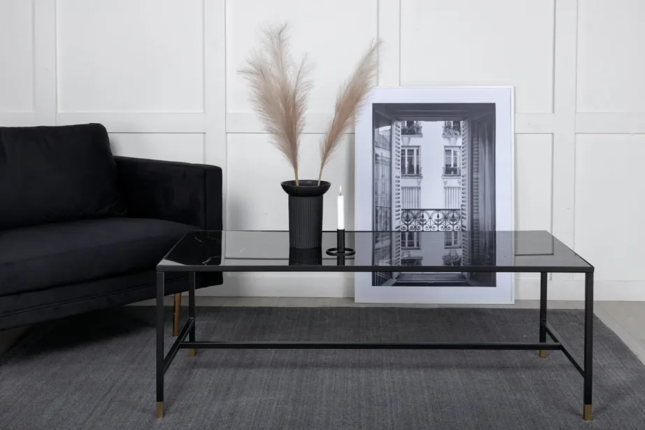 Mustrilise klaasplaadiga musta viimistlusega diivanilaud Dipp, messingudetailidega (130 × 60 cm), 18033-458
