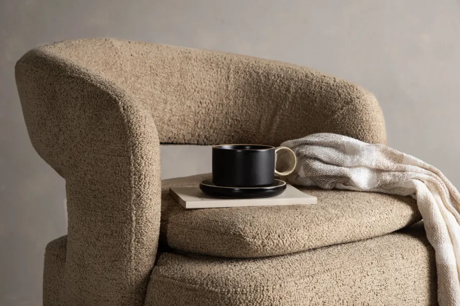 Pöörlev beežist buklee-kangast tugitool Laurel musta terasraamiga, 18048-141 – 9