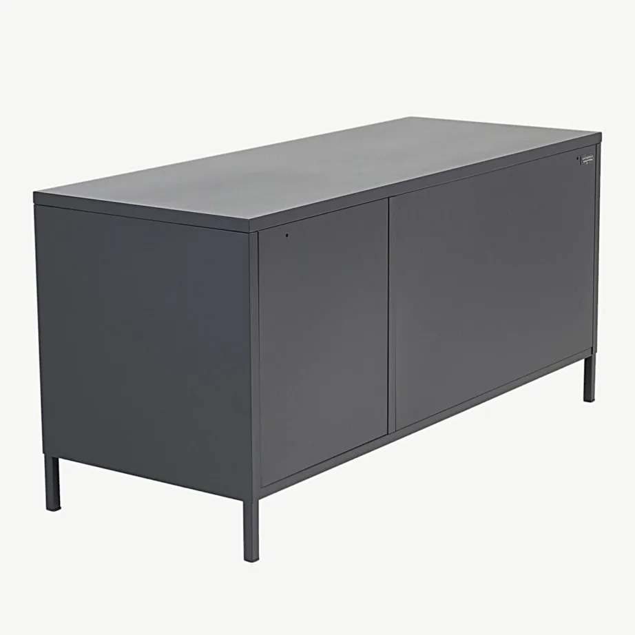 Tööstusliku stiiliga mustast terasest TV-alus Acero klaasustega ja eemaldatava riiuliga, 18065-208