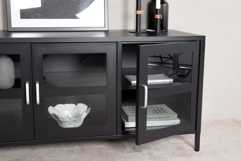 Tööstusliku stiiliga mustast terasest TV-alus Acero klaasustega ja eemaldatava riiuliga, 18065-208 – 5