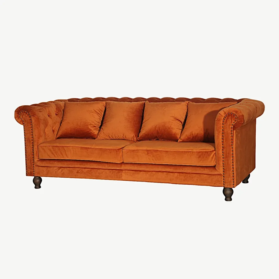 Chesterfield-stiilis roostekarva oranž 3-kohaline sametdiivan Velvet, 4 padjaga, 19936-866