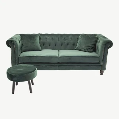 Roheline Chesterfield-stiilis 3-kohaline sametdiivan, tumedad puidust jalad, Velvet - 19936-984