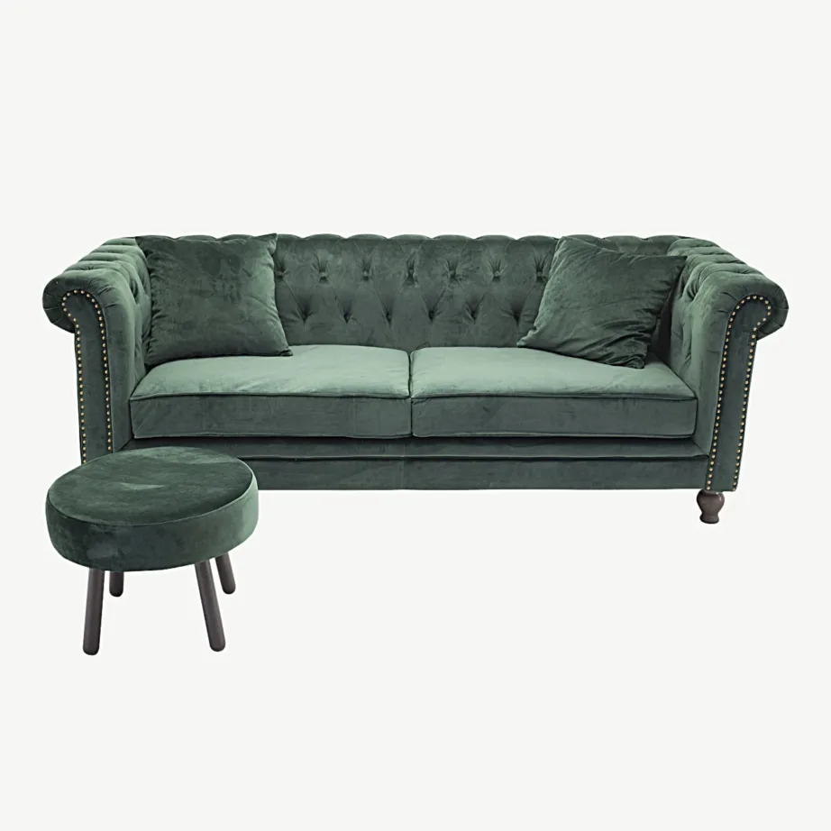 Roheline Chesterfield-stiilis 3-kohaline sametdiivan, tumedad puidust jalad, Velvet, 19936-984