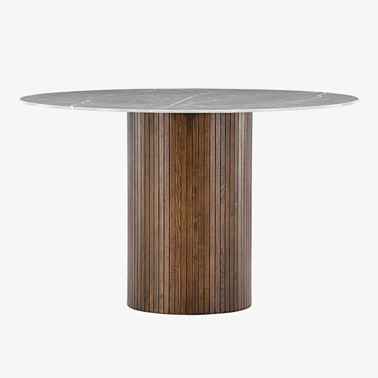 Ümmargune kivimustriga söögilaud Austin, karastatud klaasist lauaplaat, mokka tooni saarepuidust jalg, Ø120 cm - 19996-528