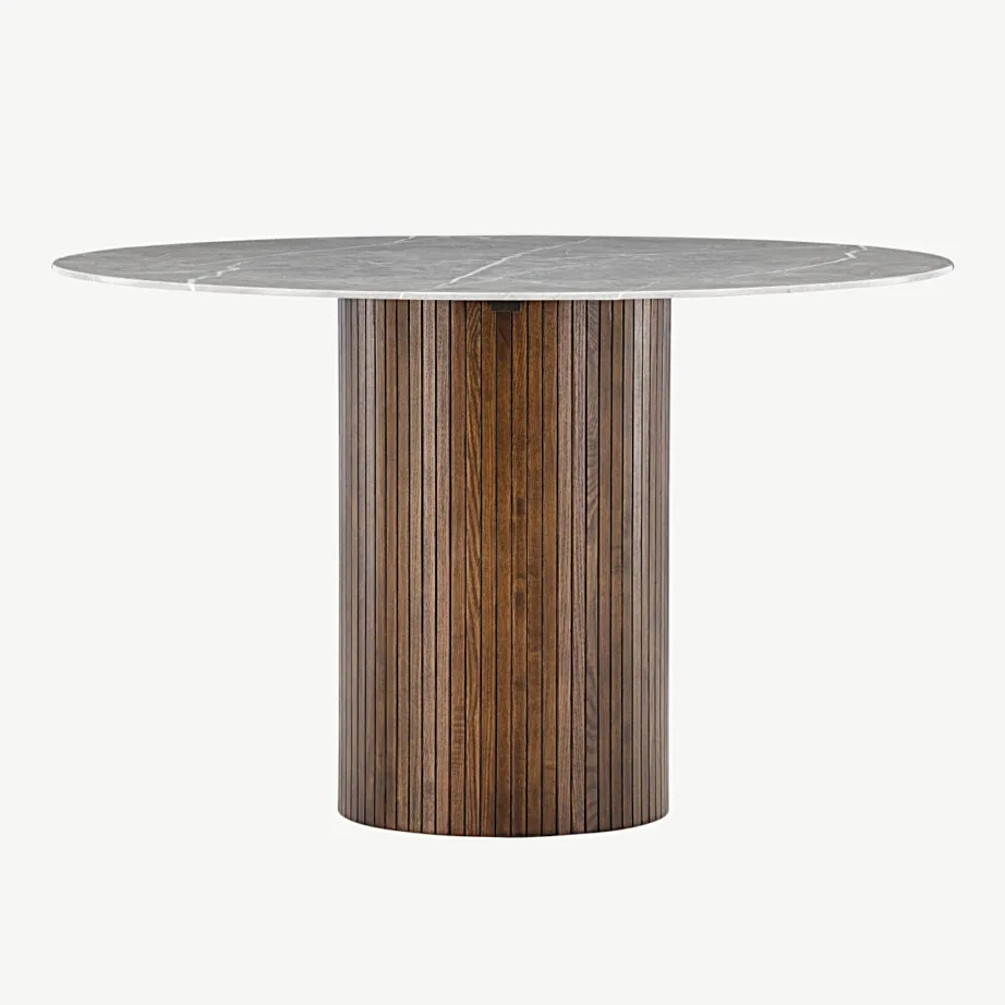 Ümmargune kivimustriga söögilaud Austin, karastatud klaasist lauaplaat, mokka tooni saarepuidust jalg, Ø120 cm, 19996-528 - 2