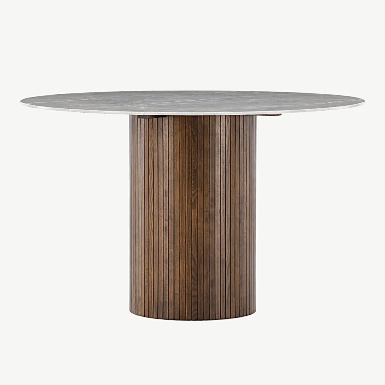 Ümmargune kivimustriga söögilaud Austin, karastatud klaasist lauaplaat, mokka tooni saarepuidust jalg, Ø120 cm - 19996-528