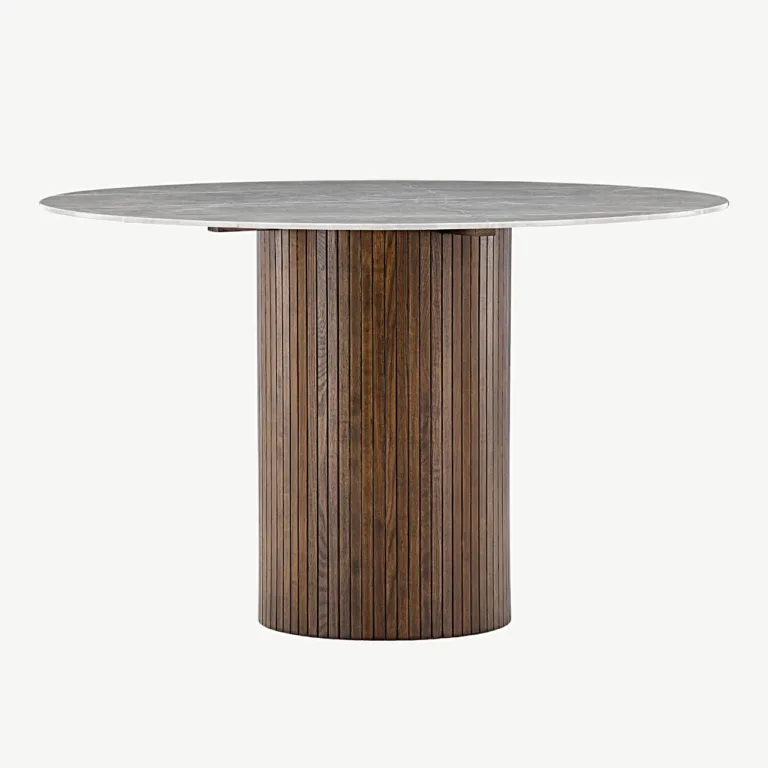 Ümmargune kivimustriga söögilaud Austin, karastatud klaasist lauaplaat, mokka tooni saarepuidust jalg, Ø120 cm - 19996-528