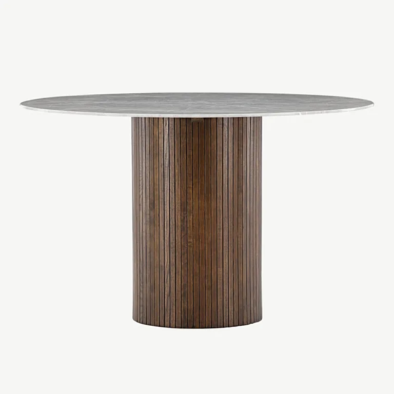 Ümmargune kivimustriga söögilaud Austin, karastatud klaasist lauaplaat, mokka tooni saarepuidust jalg, Ø120 cm - 19996-528