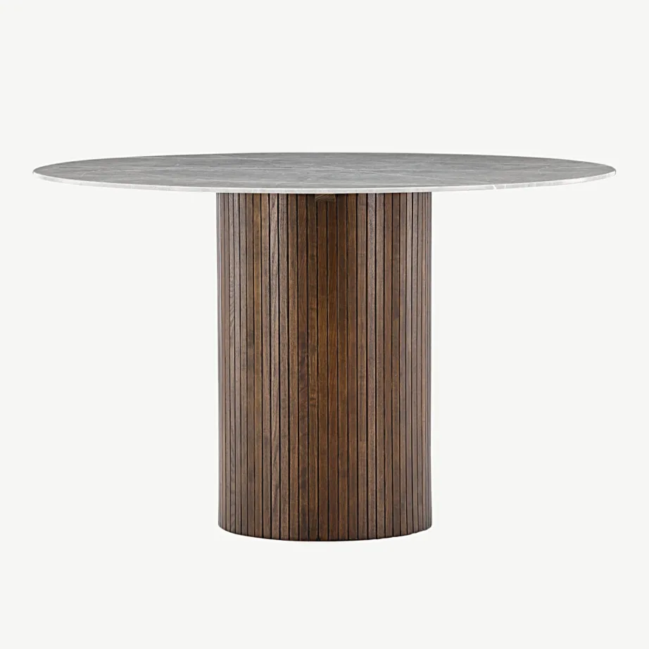 Ümmargune kivimustriga söögilaud Austin, karastatud klaasist lauaplaat, mokka tooni saarepuidust jalg, Ø120 cm, 19996-528 - 4