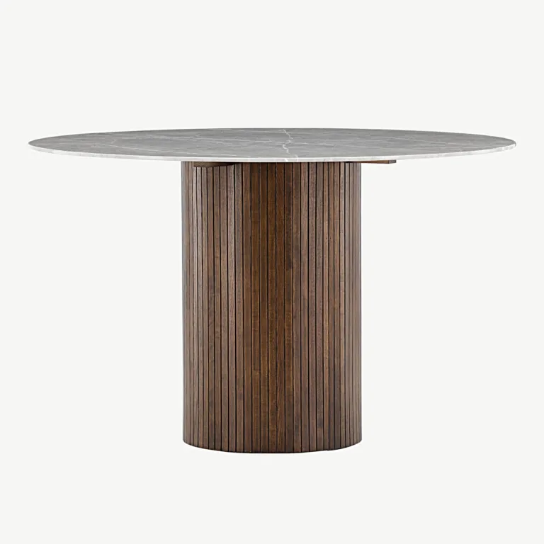 Ümmargune kivimustriga söögilaud Austin, karastatud klaasist lauaplaat, mokka tooni saarepuidust jalg, Ø120 cm - 19996-528