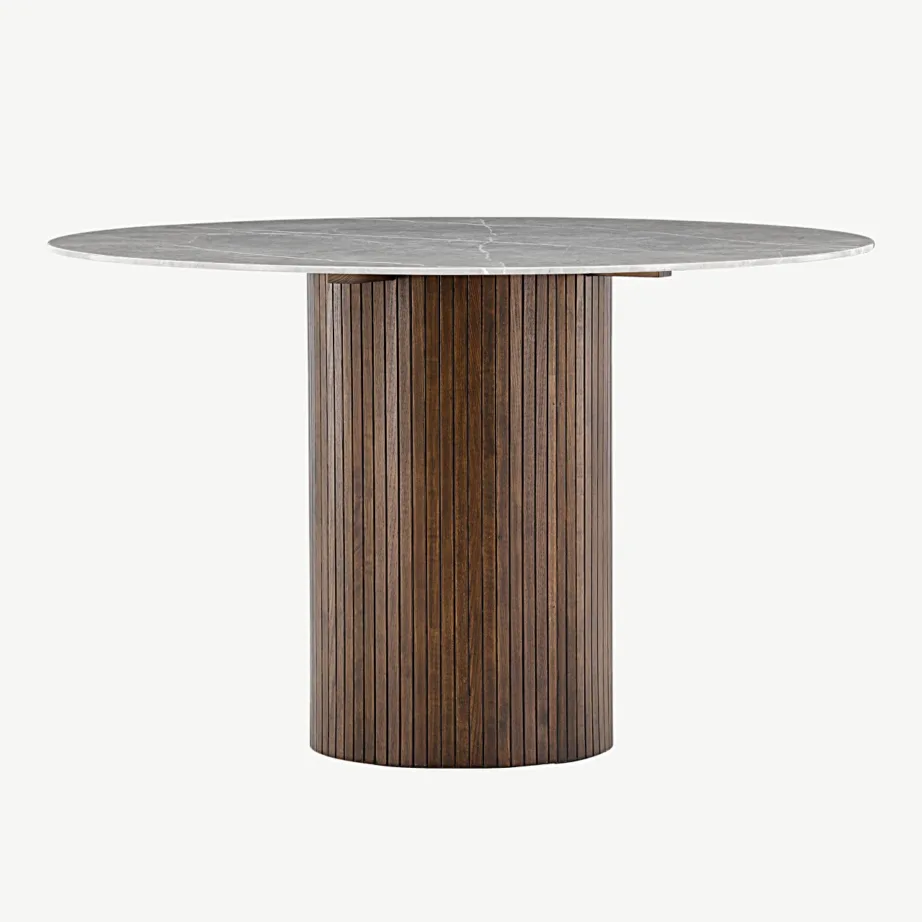 Ümmargune kivimustriga söögilaud Austin, karastatud klaasist lauaplaat, mokka tooni saarepuidust jalg, Ø120 cm, 19996-528 - 5